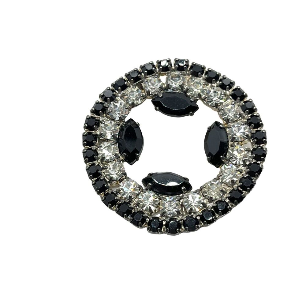 Wreath Circle Brooch Pin Vintage Womens Black And Clear Crystal Retro Chic
